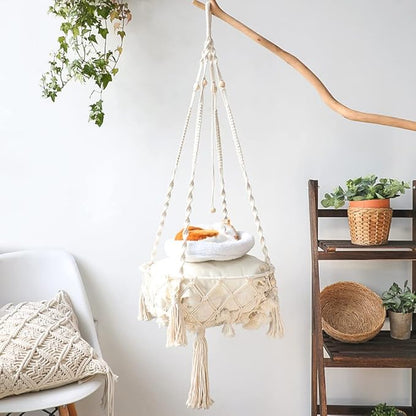 Macrame Cat Hammock Bed, Hanging Indoor Cat Bed, Ceiling Catio Swing for Playing Sleeping Climbing and Lounging