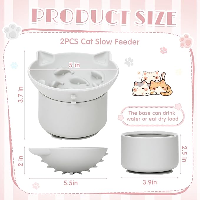 2 Pack Silicone Cat Slow Feeder, Elevated Slow Feeder Cat Bowl for Dry and Wet Food, Tilted Design with Non Slip Base, Adjustable Angle for Pet(Gray and Pink)