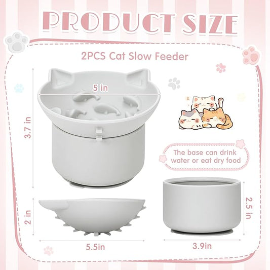 2 Pack Silicone Cat Slow Feeder, Elevated Slow Feeder Cat Bowl for Dry and Wet Food, Tilted Design with Non Slip Base, Adjustable Angle for Pet(Gray and Pink)