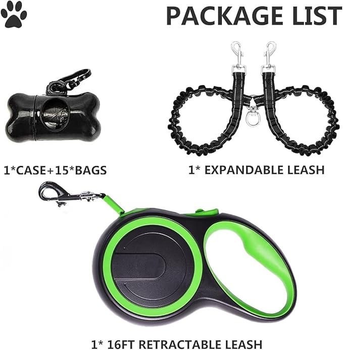 Dual Retractable Dog Leash for 2 Dogs (Green) - 16ft Heavy Duty Leash with One Button Lock & 360° Tangle-Free Design, for Medium/Large Dogs up to 110lbs/50kg