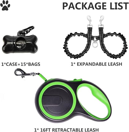 Dual Retractable Dog Leash for 2 Dogs (Green) - 16ft Heavy Duty Leash with One Button Lock & 360° Tangle-Free Design, for Medium/Large Dogs up to 110lbs/50kg