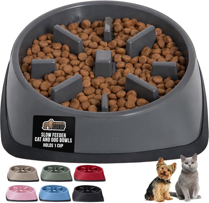 GORILLA GRIP Patented BPA Free Slow Feeder Dog Bowls, Interactive Puzzle Toy for Dogs and Cats Food Training Enrichment, Keeps Pets Busy and Prevents Puppy Overeating, Small Breeds, 1 Cup, Gray