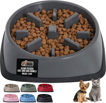 GORILLA GRIP Patented BPA Free Slow Feeder Dog Bowls, Interactive Puzzle Toy for Dogs and Cats Food Training Enrichment, Keeps Pets Busy and Prevents Puppy Overeating, Small Breeds, 1 Cup, Gray