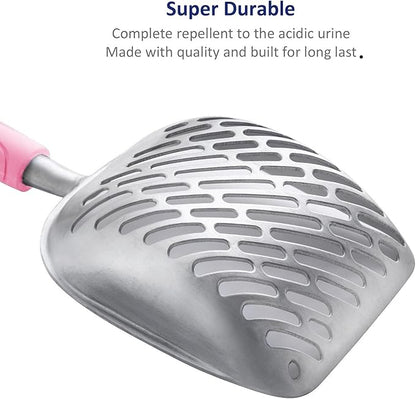 WePet Cat Litter Scoop, Aluminum Alloy Sifter, Kitty Metal Scooper, Deep Shovel with Diagonal Sifting Hole, Long Handle, Kitten Poop Lifter for Litter Box, Large Size, Pink Handle