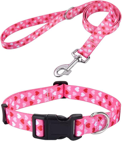 Dog Collar and Leash Set - Adjustable Heart Dog Collar - Love Theme - Perfect for Small Medium Large Dogs(Pink Heart Set,XS)