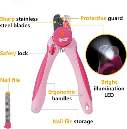 Professional-Grade Nail Clippers for Dogs Nail Trimmer with Safety Guard and Nail File - Nail Clippers for Large Dogs - Dog Nail Clipper Toenail Clippers (Pink, Medium-Large (LED))