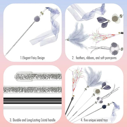 Cat Wand Toys, 5Pcs Interactive Kitten Feather Wand Toys for Bored Indoor Cats, Cat Teaser Wand with Bell and Crinkly Paper, Grey