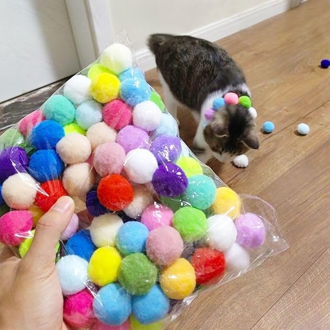 200pcs Cat Toy Ball Fun Colorful Plush Self Play Toys Pom Balls Shooting Interactive for Indoor Cats Enrichment Kittens Puff Ball Playing (Only 200 Pieces Balls)
