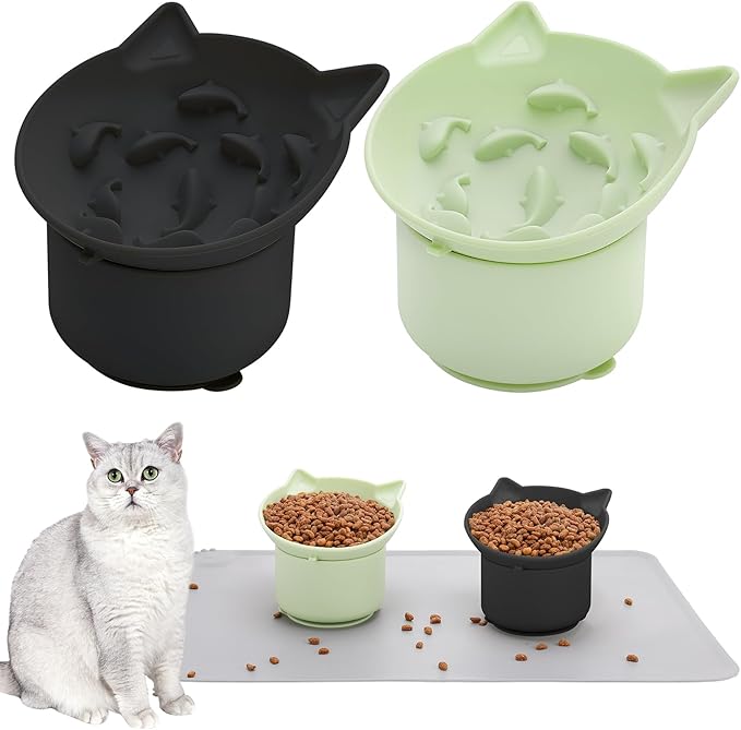 2 Pack Black, Green Slow Feeder for Cat Bowls, Silicone Tilted Raised Pet Bowl with Non Slip Base for Digestion Anti Vomit