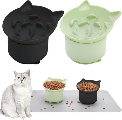 2 Pack Black, Green Slow Feeder for Cat Bowls, Silicone Tilted Raised Pet Bowl with Non Slip Base for Digestion Anti Vomit