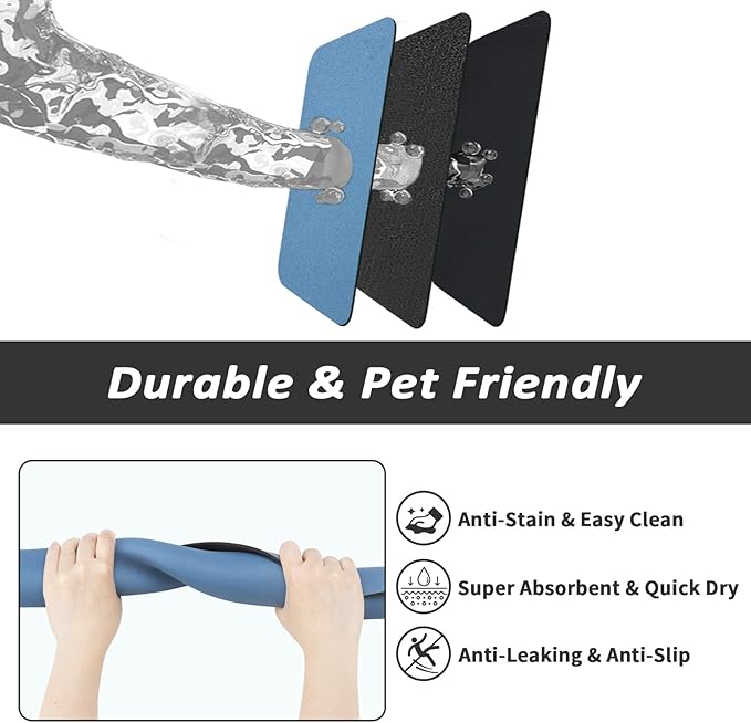 Dog Food Mat - Absorbent Cat Mat for Food and Water, No Stains Pet Feeding Bowl Mat, Easy to Clean Pet Placemats, Quick Dry Dog Water Dispenser Mat for Messy Drinkers | Blue 18"x34"