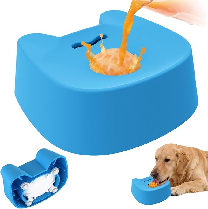 Slow Feeder Dog Bowls for Liquid Treat with 4 Powerful Suction Cups,Dog Licking Bowl with Rolling Balls for Bone Broth & Yogurt,Food‑Grade Rubber, for Large Medium Small Puppy Breeds (Blue)