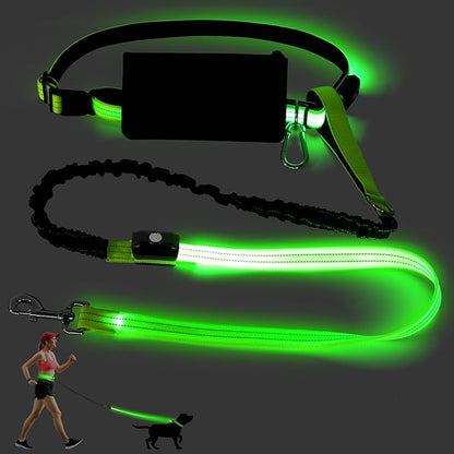 LED Hands Free Dog Leash, Waist Leash for Dog Walking, Retractable Bungee Light Up Dog Leash, LED Handless Dog Running Leash, Reflective Running Leash for Jogging Training Hiking (Green)