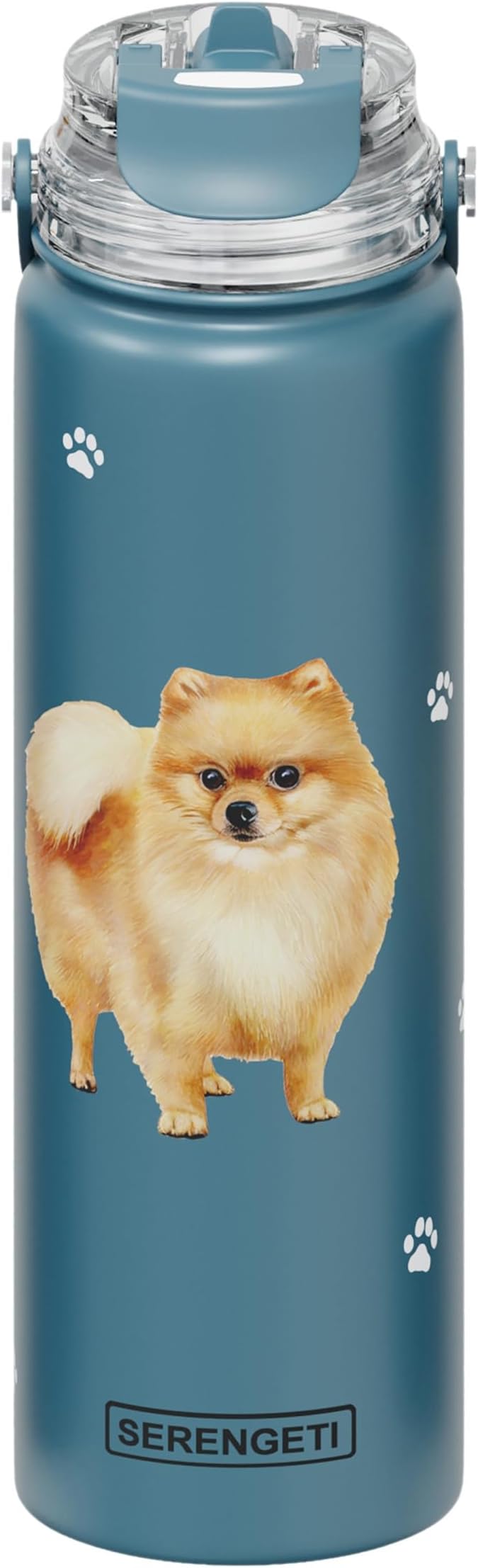 SERENGETI 24 Oz Water Bottle Stainless Steel with Spill Proof Lid - Double walled Vacuum Insulated water flask - Realistic 3D Print of your favorite dog (Pomeranian)
