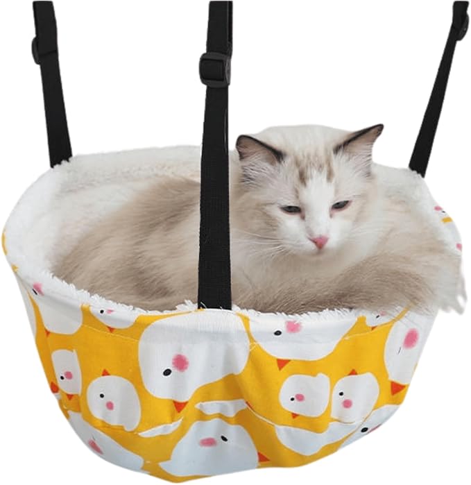 Warm Cat Hammock Lounge Hanging Bed for Cage Kennel Chair with Metal Frame, Adjustable Straps, Reversible Cat Bed, Machine Washable, Suitable for All Seasons (Yellow,Large)
