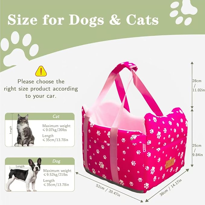 Dog Car Seat for Console - Memory Foam Pet Booster Seat for Small Medium Dogs Up to 21 lbs - SUV Truck Center Console Dog Seat with Safety Leash & Storage Pockets - Washable Cover (Large Rose Red)