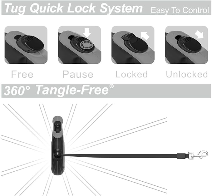 TUG 360° Tangle-Free Retractable Dog Leash with Waste Bag Dispenser (Large, Grey)
