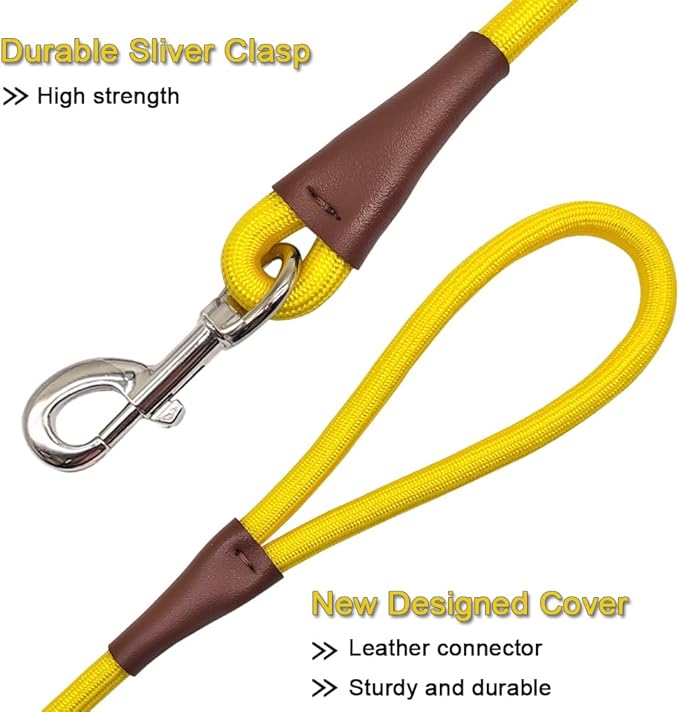 MayPaw 4/6 /8/10 FT Dog Leash, Classic Solid Colors, Strong Nylon Rope Dog Leash Reinforced with Leather Tailor Connection Heavy Duty Silver Clasp (Yellow, 4ft*1/2")