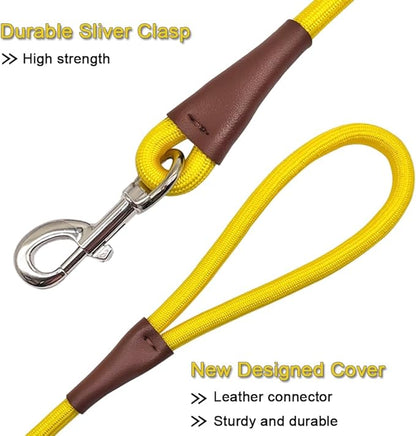 MayPaw 4/6 /8/10 FT Dog Leash, Classic Solid Colors, Strong Nylon Rope Dog Leash Reinforced with Leather Tailor Connection Heavy Duty Silver Clasp (Yellow, 4ft*1/2")