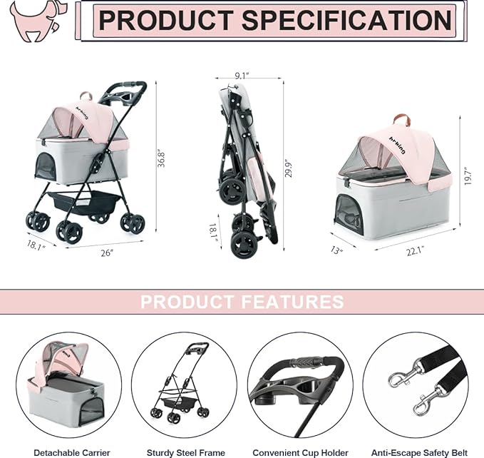 3-in-1 Pet Stroller for Small Dogs and Cats, Folding Lightweight Dog Stroller with Detachable Carrier Portable Cat Puppy Jogging Stroller with Cup Holder and Storage Basket, 4 Wheels