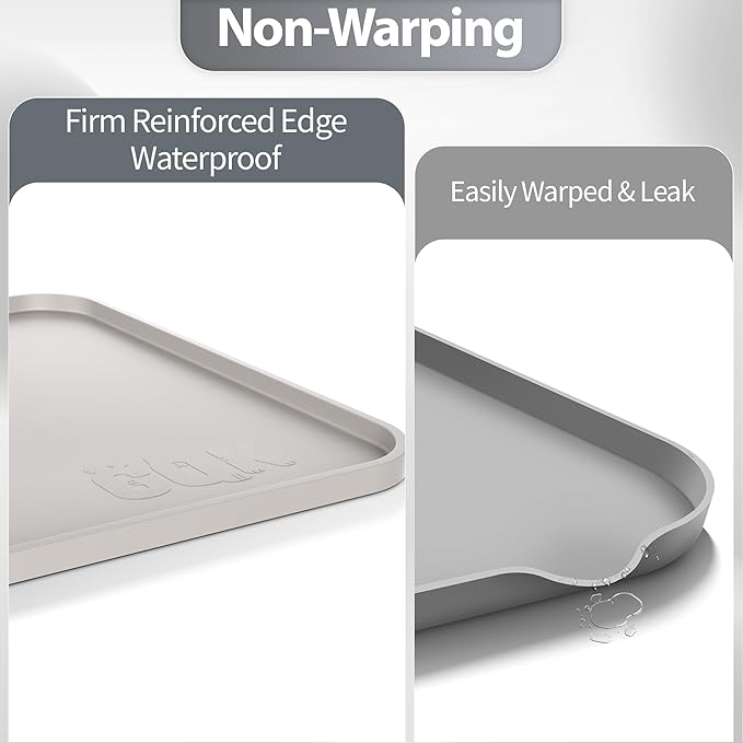 Silicone Dog Food Mat, Waterproof Anti-Slip Pet Feeding Mat with Warped Resistant Raised Edge,Spill-Proof Lip Floor Protection,Dishwasher-Safe Pet Placemat for Dogs & Cats(L 24" x 16" Beige Gray)