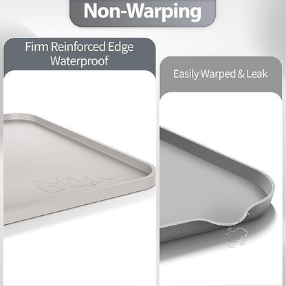 Silicone Dog Food Mat, Waterproof Anti-Slip Pet Feeding Mat with Warped Resistant Raised Edge,Spill-Proof Lip Floor Protection,Dishwasher-Safe Pet Placemat for Dogs & Cats(L 24" x 16" Beige Gray)