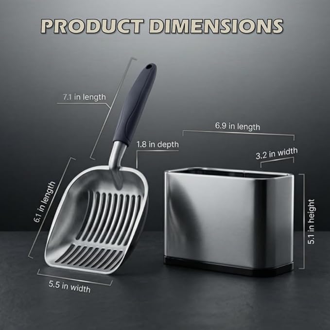 Full Metal Cat Litter Scoop with Holder, Stainless Steel Cat Litter Scooper Holder, Aluminum Kitty Scoop Captures All Clumps, Heavy Duty Kitty Metal Scooper with Non-Slip Handle