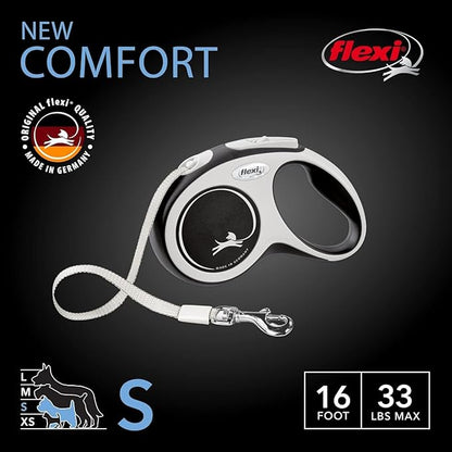 FLEXI® New Comfort Tape Retractable Dog Leash for Small Dogs Upto 33 lbs. – 16 ft., Grey/Black | Tangle Free Pet Walking Leash with One-Handed Brake, Pause, Lock |German Quality Product