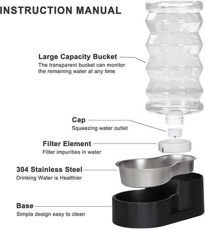 RIZZARI Dog Water Bowl Dispenser :Ion Exchange System with Activated Carbon- Helps Prevent Urinary Stones - Removes Odors -Softens Water- 8L Gravity Black Stainless Steel Automatic Waterer
