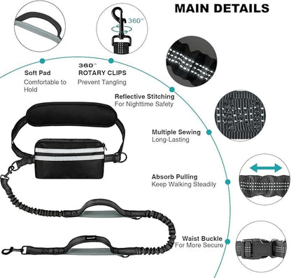 Hands Free Dog Leash with Pouch, Dual Attachment for Two Dogs, Retractable Bungee with Double Padded Handles, Waist-Mounted for Running,Walking, Jogging Friendly Dog Accessories (Black/Mint Green)