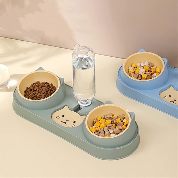 Triple Cat Food Bowls with Water Dispenser, Plastic Raised Cat Dishes, Automatic 3 in 1 Pet Bowls, 2 Food Bowls and Water Feeder Set, Wet and Dry Food Bowl Set for Cats Puppy Small Dogs (Dark Green)