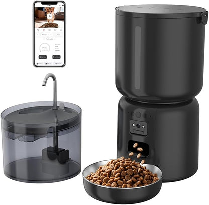 Automatic Cat Feeder and Waterer Set, 4L App Control Smart Cat Feeder with 2MP Camera, WiFi, Anti-Clog for Mix Food, 2.2L Filtered Pet Water Fountain with LED Light, Stainless Steel Bowl, Dual Power