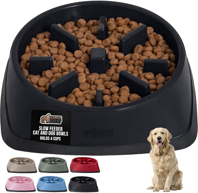 GORILLA GRIP Patented BPA Free Slow Feeder Dog Bowls, 4 Cup Interactive Puzzle Toy for Dogs and Cats Food Training Enrichment, Keeps Pets Busy and Prevents Puppy Overeating, Large Breeds, Black