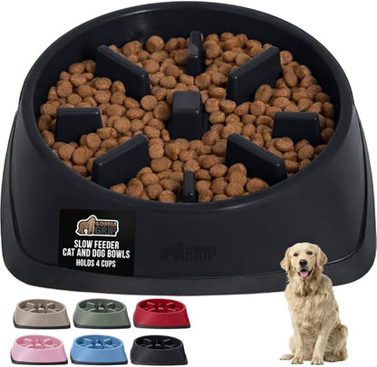 GORILLA GRIP Patented BPA Free Slow Feeder Dog Bowls, 4 Cup Interactive Puzzle Toy for Dogs and Cats Food Training Enrichment, Keeps Pets Busy and Prevents Puppy Overeating, Large Breeds, Black