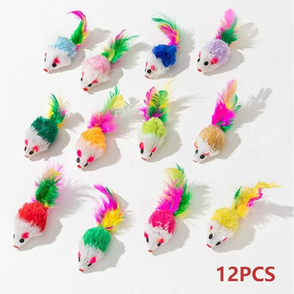 pawstrip Cat Mouse Toys 12 Pcs Rattle Mice for Indoor Cats Furry Feather Fake Mouse Kitten Interactive Play Squeaky Fur Mice Cat Toy Funny Kitty Tracking Game with Rattling Sounds