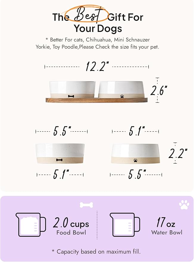 LE TAUCI PET Dog and Cat Bowl Set with Acacia Wood Tray - 2 Cup Ceramic Puppy Bowls for Cats &Small Dogs, Dual Food and Water Bowls with Weighted Non-Slip Base