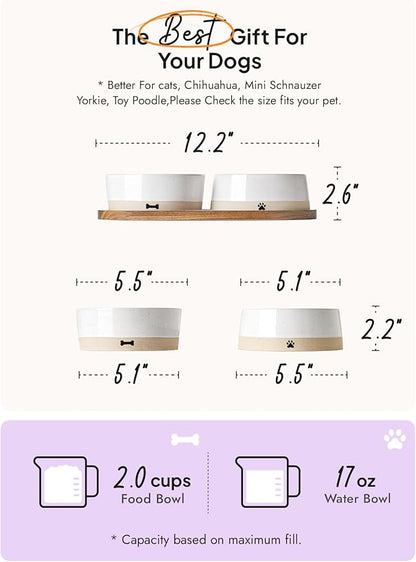 LE TAUCI PET Dog and Cat Bowl Set with Acacia Wood Tray - 2 Cup Ceramic Puppy Bowls for Cats &Small Dogs, Dual Food and Water Bowls with Weighted Non-Slip Base