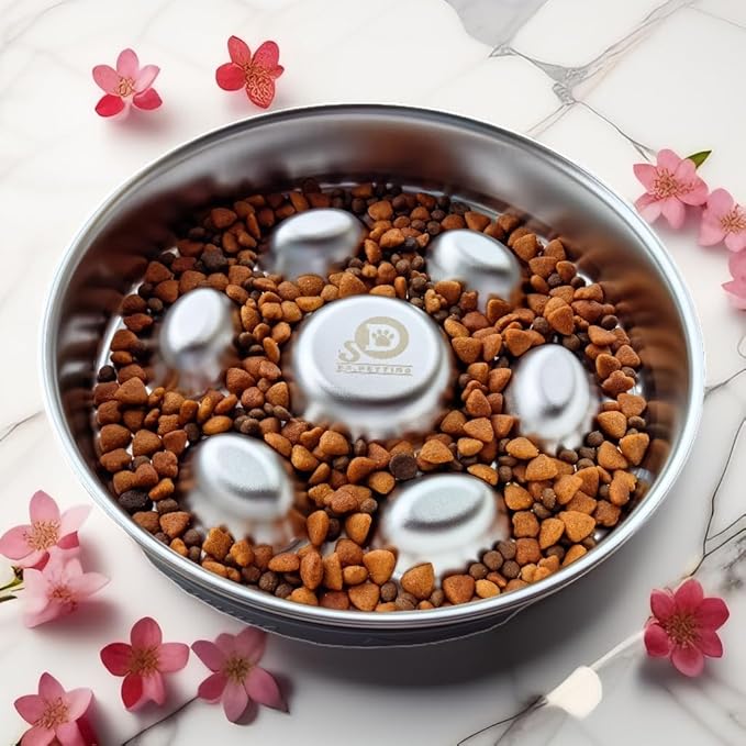 2-4 Cup Slow Feeder Cat Dog 304 Stainless Steel,Metal Food Bowl for Big Medium Small Breed Pet with Non-Slip Mat