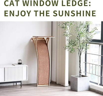 JKXJKX 47" Floor Standing Cat Window Perch with Curved Scratching Ramp, 80 Lbs Heavy Duty Window Bed Seat with Suction Cups, Climbing Tree Furniture for Indoor Cats Bird Watching