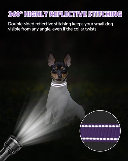 Joytale Puppy Collar, Feather-Light Double-Sided Reflective Nylon Collar for Night Safety, Adjustable Quick-Release for Extra Small Dogs, Purple, XS (3/8" Width)