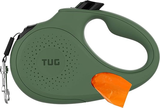 TUG Oval 360° Tangle-Free Retractable Dog Leash with Integrated Waste Bag Dispenser (Large, Green)