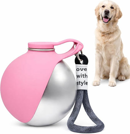 Foldable Pet Water Bottle, Portable Leak Proof Dog Water Bottle with Silicone Drinking Bowl, 304 Stainless Steel Travel Water Dispenser for Dogs and Cats, 287ML (Pink)