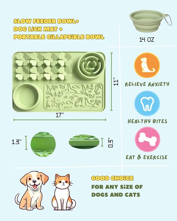 Silicone Lick Mat & Slow Feeder Bowl for Dogs and Cats – Suction Cup Snuffle Mat for Dogs and Cats – Slow Eating, Smell Training, Collapsible Portable Pet Bowl (Green)