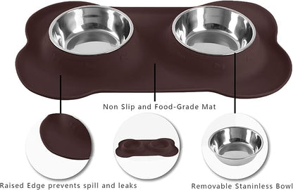 Hubulk Pet Dog Bowls 2 Stainless Steel Dog Bowl with No Spill Non-Skid Silicone Mat + Pet Food Scoop Water and Food Feeder Bowls for Feeding Small Medium Large Dogs Cats Puppies (Large, Chocolate)