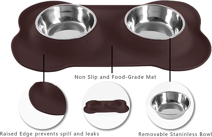 Hubulk Pet Dog Bowls 2 Stainless Steel Dog Bowl with No Spill Non-Skid Silicone Mat + Pet Food Scoop Water and Food Feeder Bowls for Feeding Small Medium Large Dogs Cats Puppies (Medium, Chocolate)