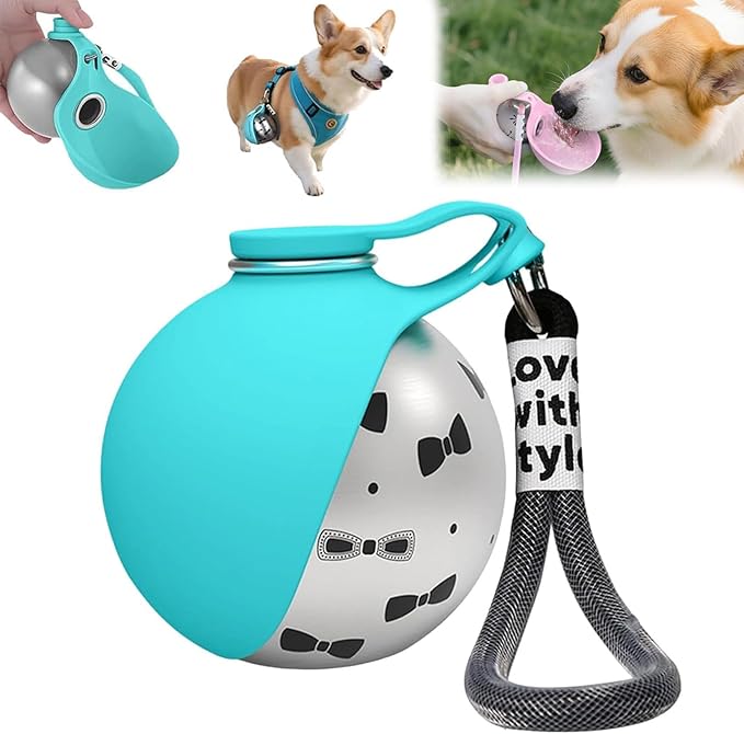 2-in-1 Portable Dog Water Bottle for Small Dogs - Leak-Proof, Compact & Foldable Pet Water Bottle with Silicone Bowl, 10oz for Walking & Travel - Stainless Steel, One-Hand Operation (1 Blue)