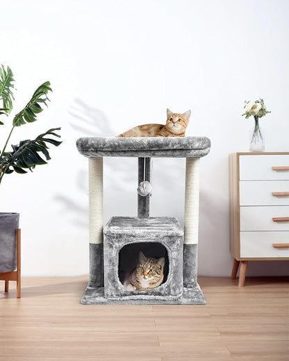 SYANDLVY 27IN Cat Tree for Indoor Cats Large Adult, Modern Activity Tower with Scratching Posts, Condo with Plush Perch, Climbing Stand with Spring Ball for Play, Grey