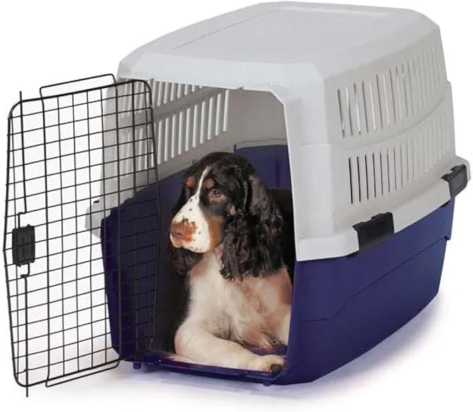 Airline Approved Pet Travel Crate Heavy Duty Plastic Blue Grey Secure Dog Cage Kennel Cab Contain Your Pet Safely (Large)