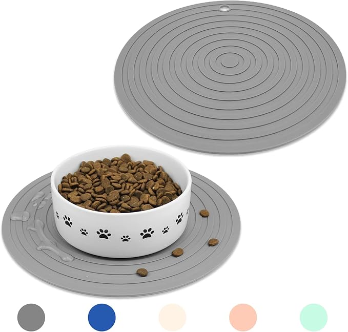 Ptlom Pet Food Mat for Dog and Cat Placemat 2 Pcs, Mat for Prevent Food and Water Overflow, Suitable for Medium and Small Pet, Silicone, 9.5"* 9.5"
