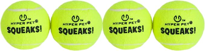Hyper Pet Squeaks! Tennis Balls Fetch Dog Toy with Squeakers Pack of 4 Green | Durable Non-Abrasive Tennis Balls for Active Dogs | Indoor Outdoor Play